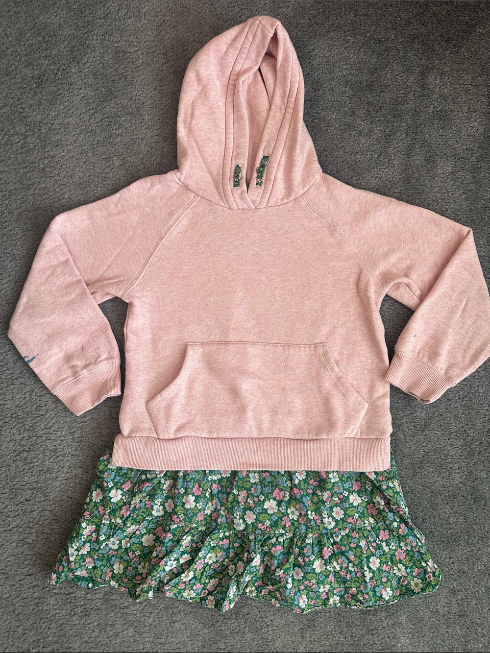 Girls’ Boden Pink Hooded Sweatshirt Dress with Green Floral Skirt
